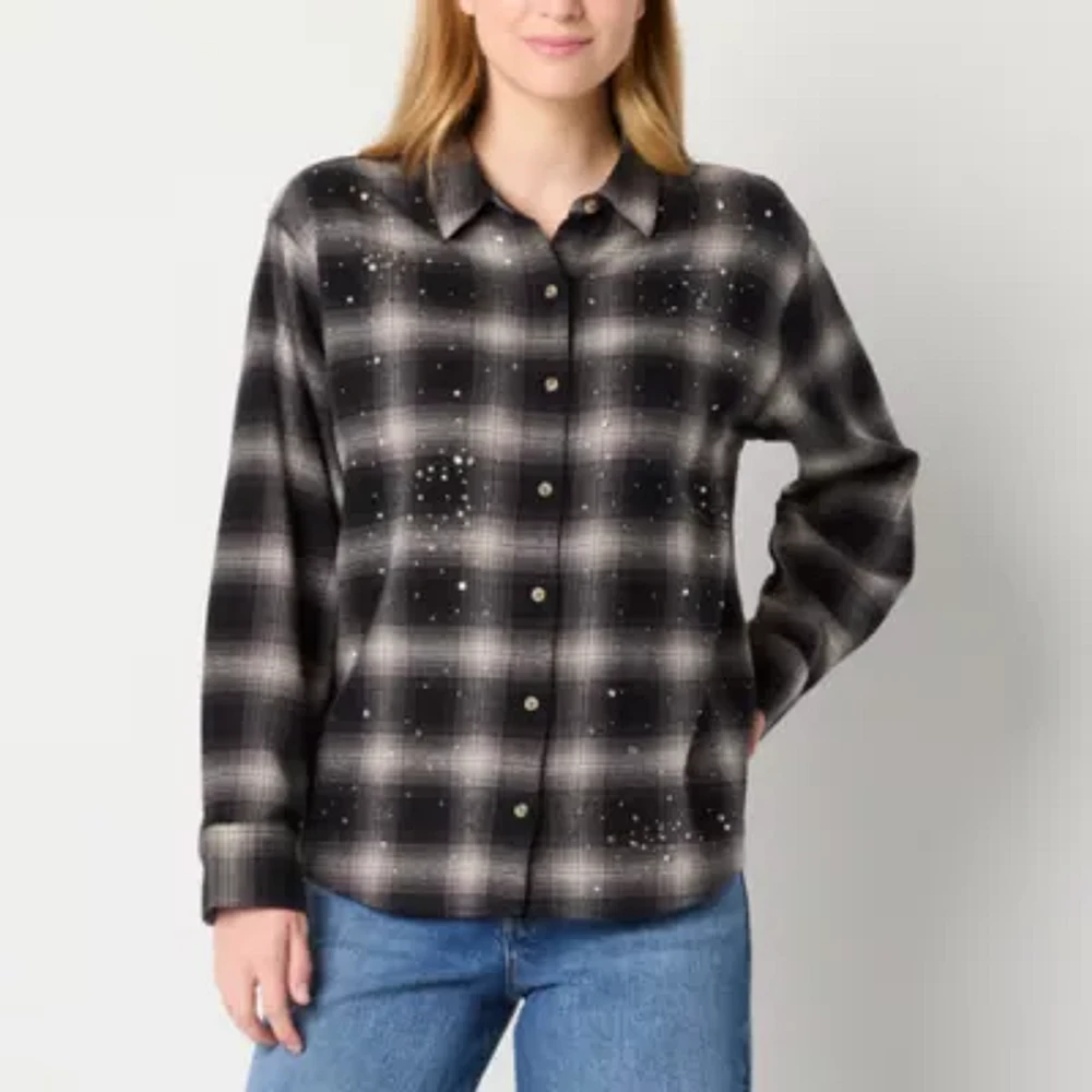 a.n.a Womens Long Sleeve Embellished Oversized Button-Down Shirt