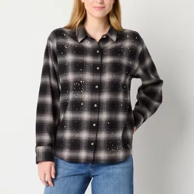 a.n.a Womens Long Sleeve Embellished Oversized Button-Down Shirt