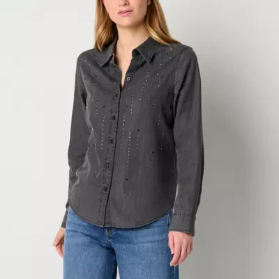 a.n.a Womens Long Sleeve Embellished Regular Fit Button-Down Shirt