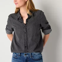 a.n.a Womens Long Sleeve Embellished Regular Fit Button-Down Shirt