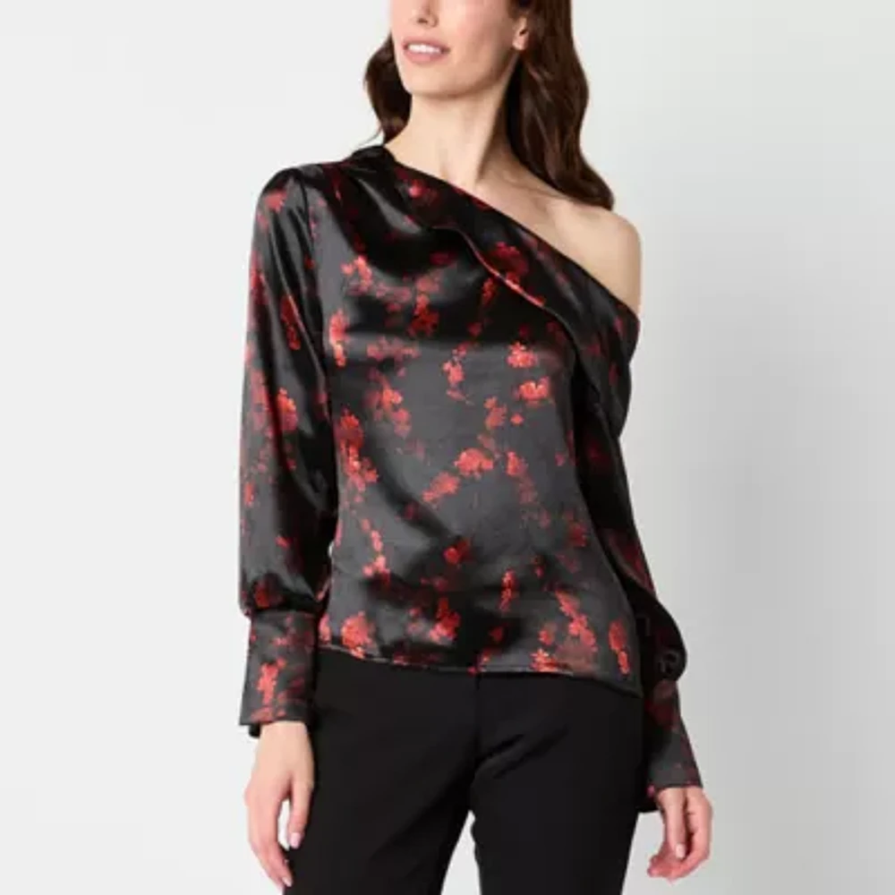 Worthington Womens Asymmetrical Neck Long Sleeve Satin Blouse