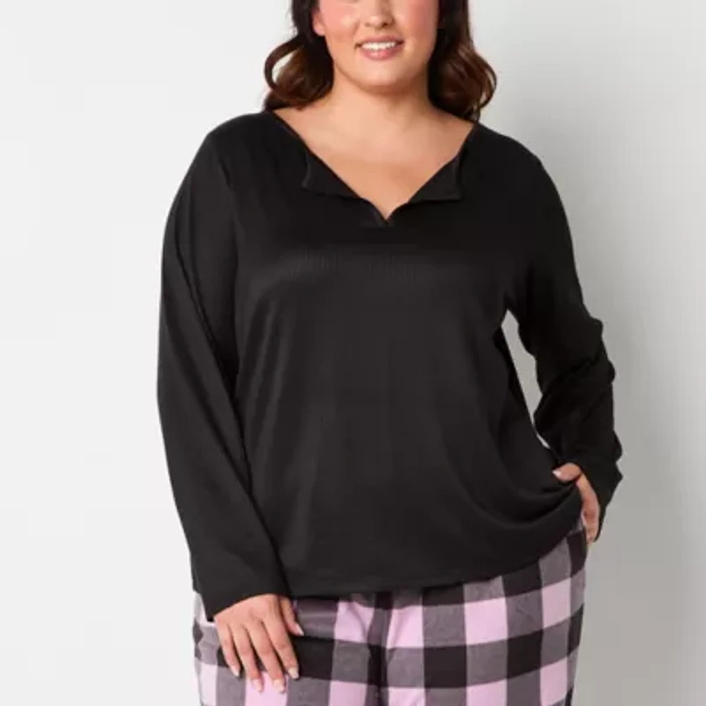 Sleep Chic Womens Plus Rib Long Sleeve V Neck Pajama Top