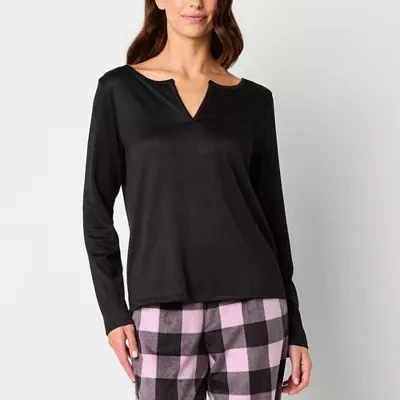 Sleep Chic Womens Rib Long Sleeve Y Neck Pajama Top