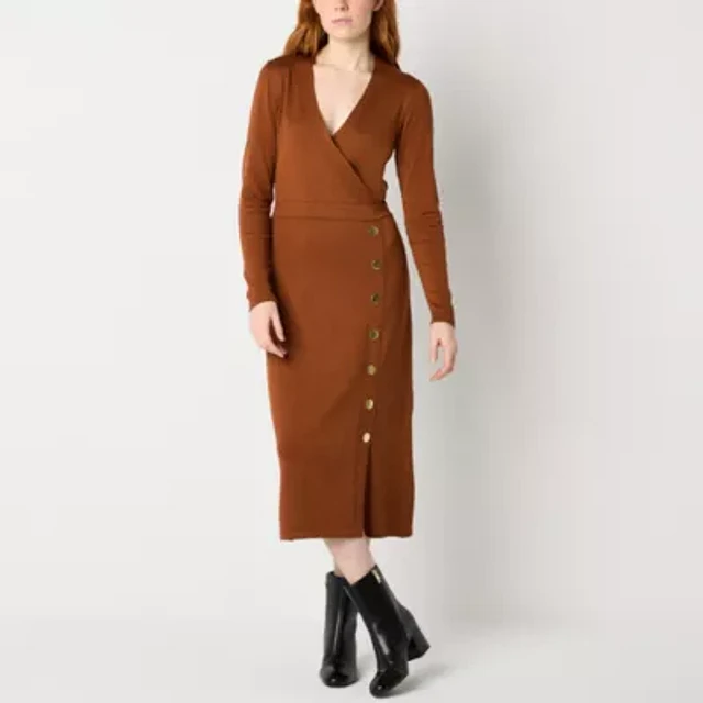 maia long sleeve midi sweater dress Home