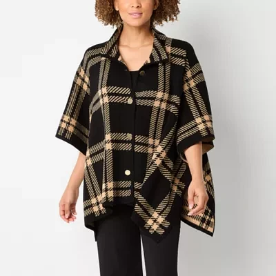 Black Label by Evan-Picone Plaid Womens 3/4 Sleeve Button Cardigan