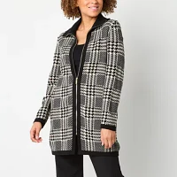 Black Label by Evan-Picone Plaid Womens Long Sleeve Zipper Cardigan