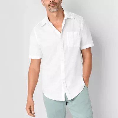 St. John's Bay Linen Blend Mens Classic Fit Short Sleeve Button-Down Shirt