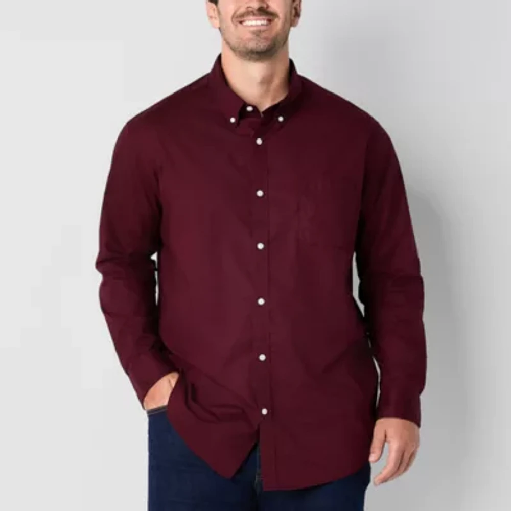 St. John's Bay Stretch Poplin Big and Tall Mens Classic Fit Long Sleeve Plaid Button-Down Shirt