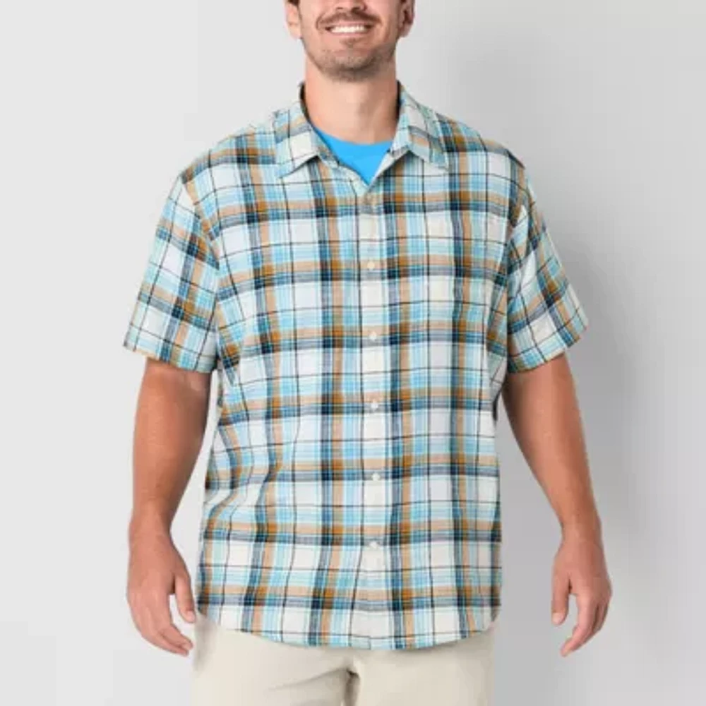 St. John's Bay Linen Slub Big and Tall Mens Classic Fit Short Sleeve Plaid Button-Down Shirt