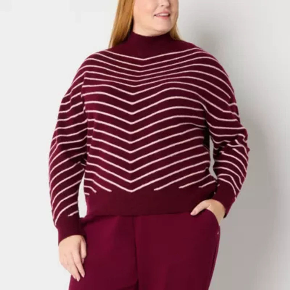 Liz Claiborne Plus Womens Mock Neck Long Sleeve Chevron Pullover Sweater