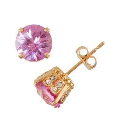 Lab Created Pink Sapphire And 1/6  C.T. T.W. Diamond 10K Yellow Gold Earrings