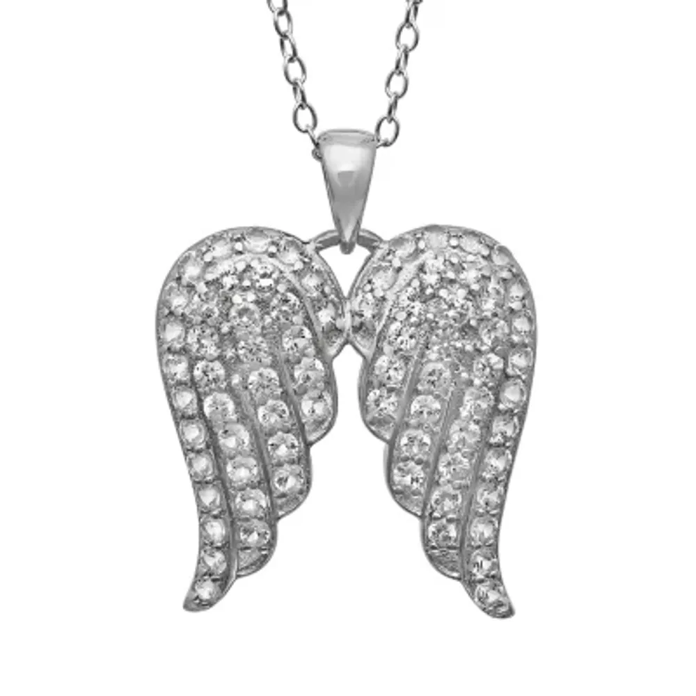 Womens Lab Created White Sapphire Sterling Silver Angel Wing Pendant Necklace