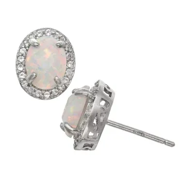 Lab Created White Opal Sterling Silver 10.7mm Oval Stud Earrings