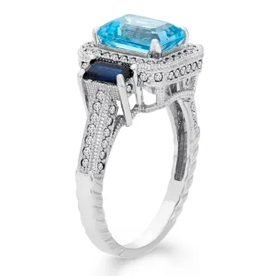 Womens Genuine Blue Topaz Sterling Silver Side Stone Cocktail Ring