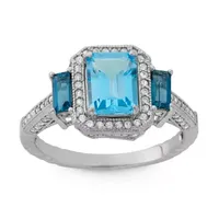 Womens Genuine Blue Topaz Sterling Silver Side Stone Cocktail Ring