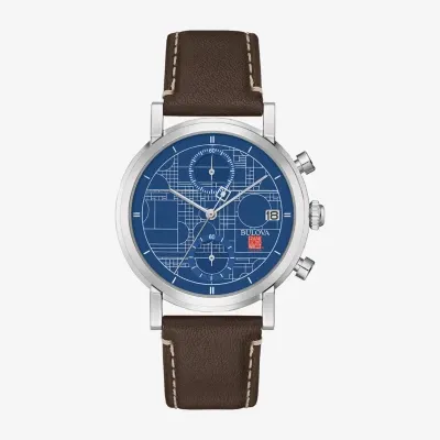 Bulova Frank Lloyd Wright Blueprint Mens Chronograph Brown Leather Strap Watch 96b367