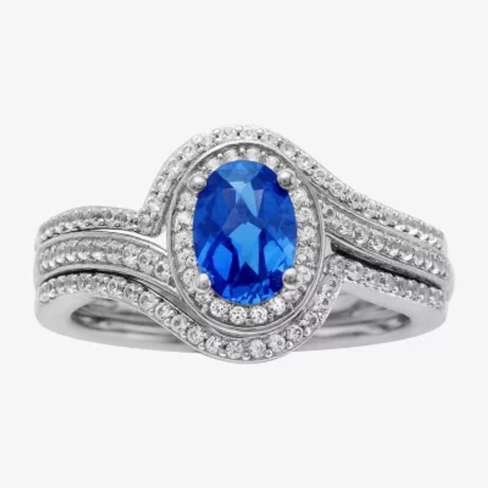 Modern Bride Gemstone Sterling Silver Genuine Blue Sapphire and Diamond Bridal Set