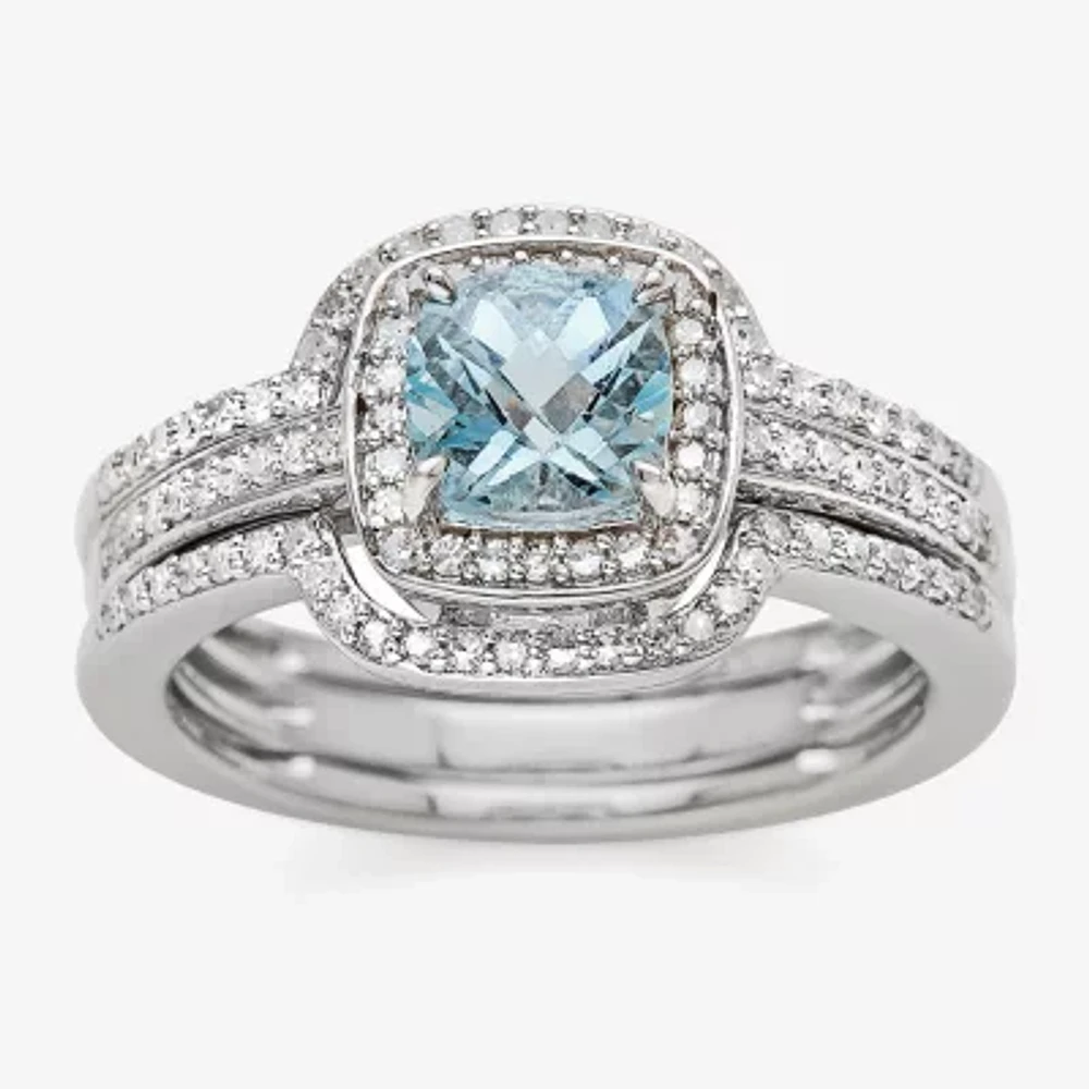 Genuine Aquamarine and 3/8 CT. T.W. Diamond Sterling Silver Ring