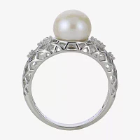 Womens 8.5MM White Cultured Freshwater Pearl Sterling Silver Cocktail Ring