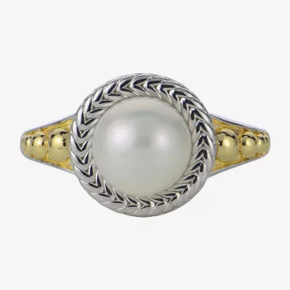 Womens 8-8.5MM White Cultured Freshwater Pearl 14K Two Tone Gold Over Silver Cocktail Ring