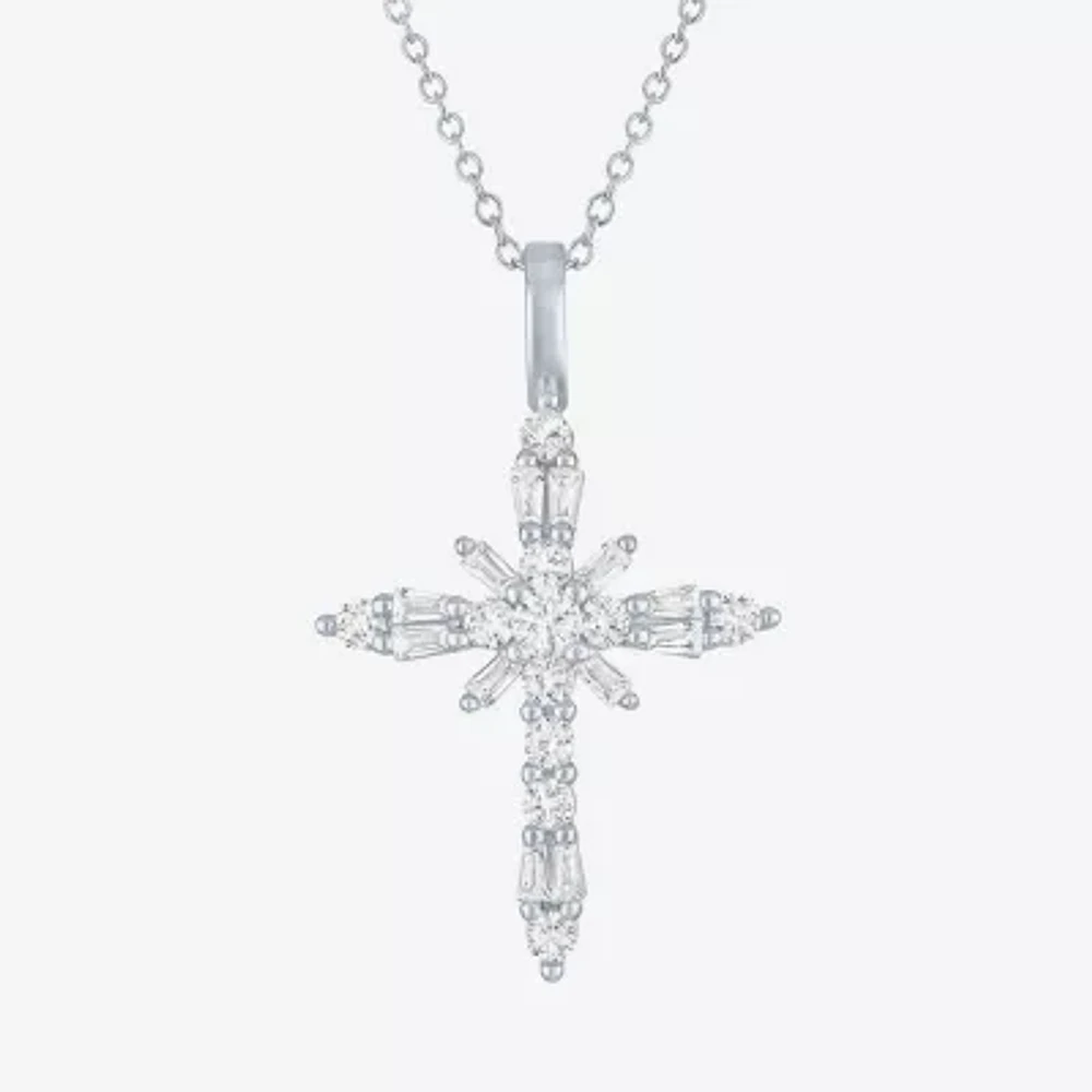 Yes Womens Lab Created White Sapphire Sterling Silver Cross Pendant Necklaces