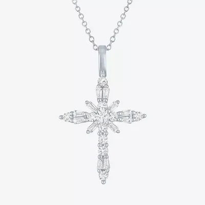 Yes Womens Lab Created White Sapphire Sterling Silver Cross Pendant Necklaces