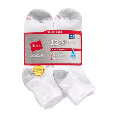 Hanes Ultimate 12 Pair Big and Tall Quarter Ankle Socks Mens