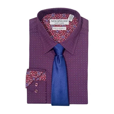Nick Graham Mens Spread Collar Long Sleeve Stretch Fabric Shirt + Tie Set Fitted