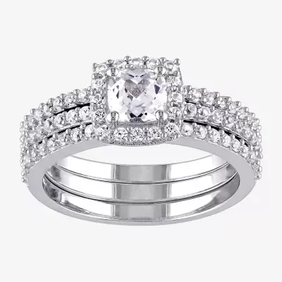 Modern Bride Gemstone Womens Diamond Accent Lab Created White Sapphire Sterling Silver Cushion Halo Bridal Set