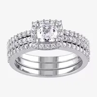 Modern Bride Gemstone Womens Diamond Accent Lab Created White Sapphire Sterling Silver Cushion Halo Bridal Set