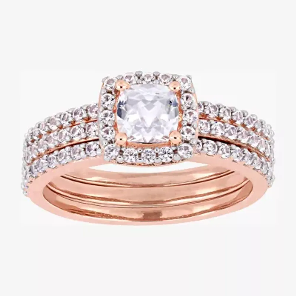Modern Bride Gemstone Womens Lab Created White Sapphire 18K Rose Gold Over Silver Cushion Halo Bridal Set