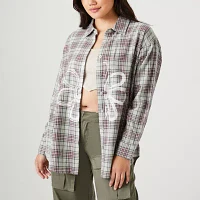 Forever 21 Juniors Flower Plaid Womens Long Sleeve Oversized Button-Down Shirt