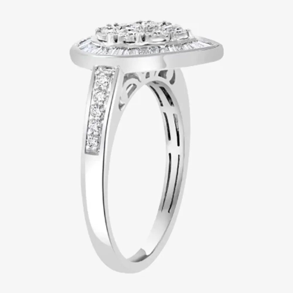 Effy  Womens 1/2 CT. T.W. Natural Diamond 14K White Gold Pear Halo Cocktail Ring