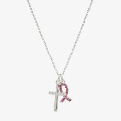 Sparkle Allure Breast Cancer Awareness Cubic Zirconia Pure Silver Over Brass 16 Inch Link Cross Pendant Necklace