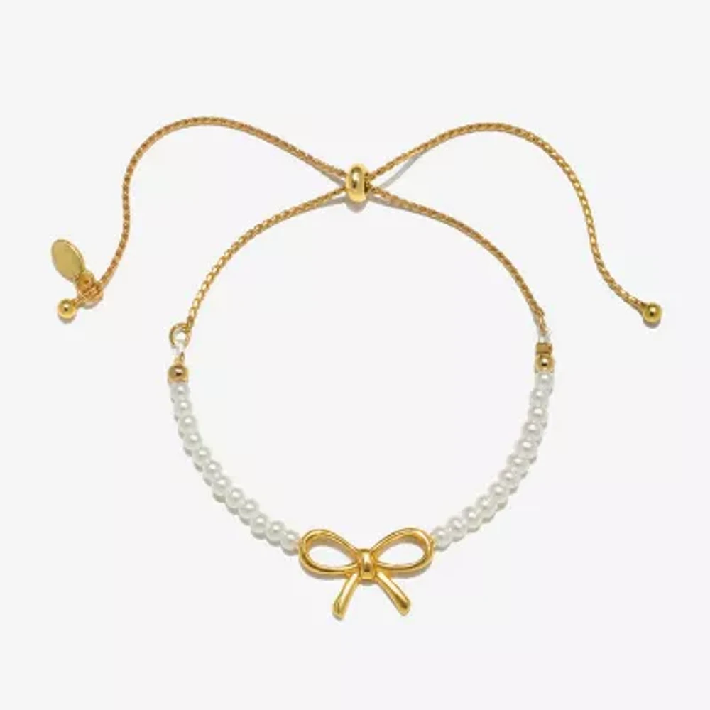 Bijoux Bar Delicates Gold Tone Simulated Pearl Link Bow Bolo Bracelet