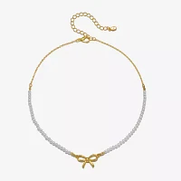 Bijoux Bar Delicates Gold Tone Simulated Pearl 16 Inch Link Bow Pendant Necklace