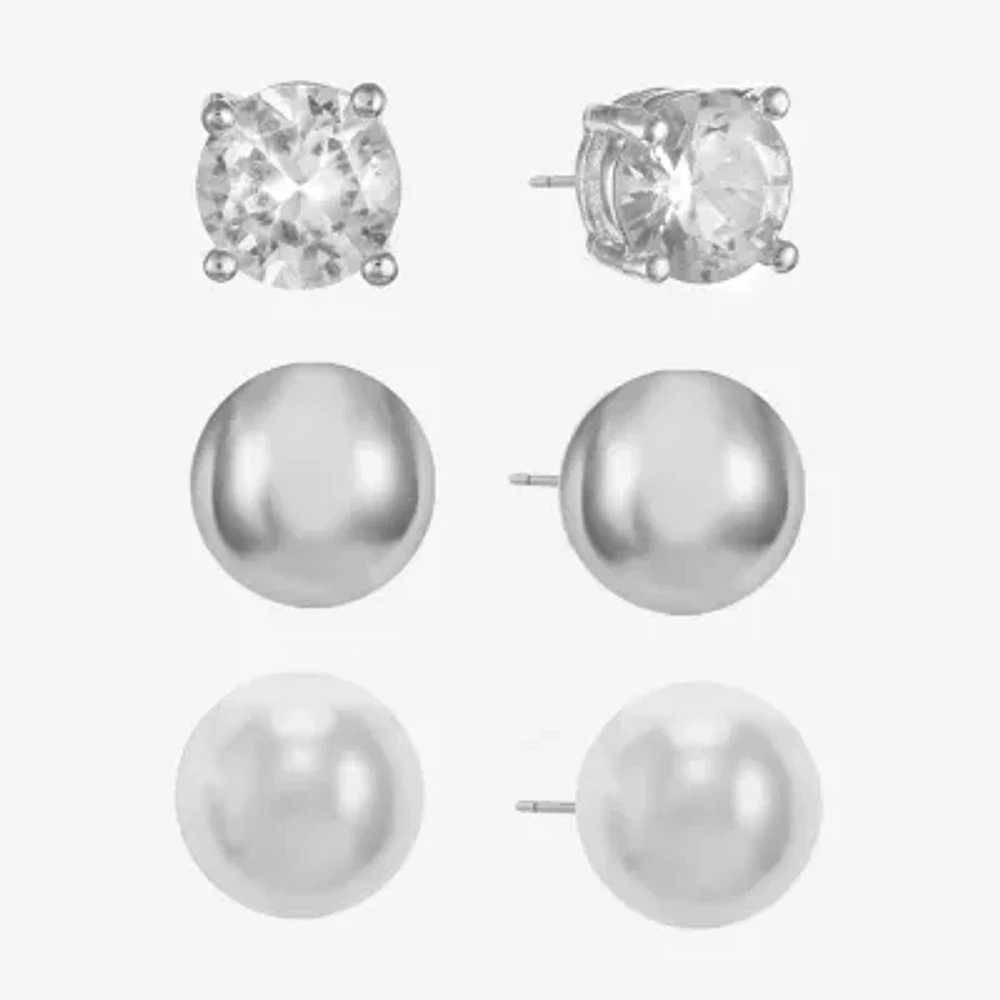 Monet® Simulated Pearl and Crystal Silver-Tone 3 pr. Stud Earring Set