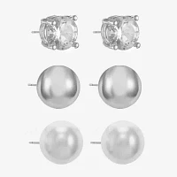 Monet® Simulated Pearl and Crystal Silver-Tone 3 pr. Stud Earring Set