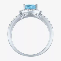 Womens Genuine Blue Topaz Sterling Silver Oval Halo Side Stone Cocktail Ring