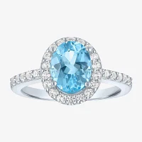 Womens Genuine Blue Topaz Sterling Silver Oval Halo Side Stone Cocktail Ring