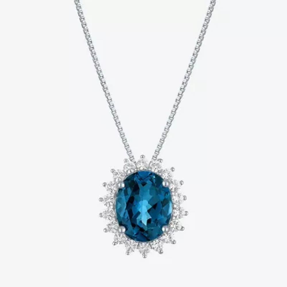 Womens Genuine Blue Topaz Sterling Silver Oval Pendant Necklace