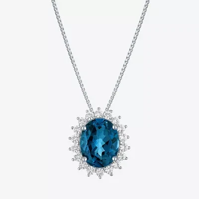 Womens Genuine Blue Topaz Sterling Silver Oval Pendant Necklace