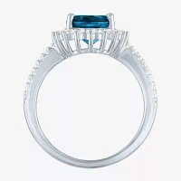 Womens Genuine Blue Topaz Sterling Silver Oval Halo Side Stone Cocktail Ring