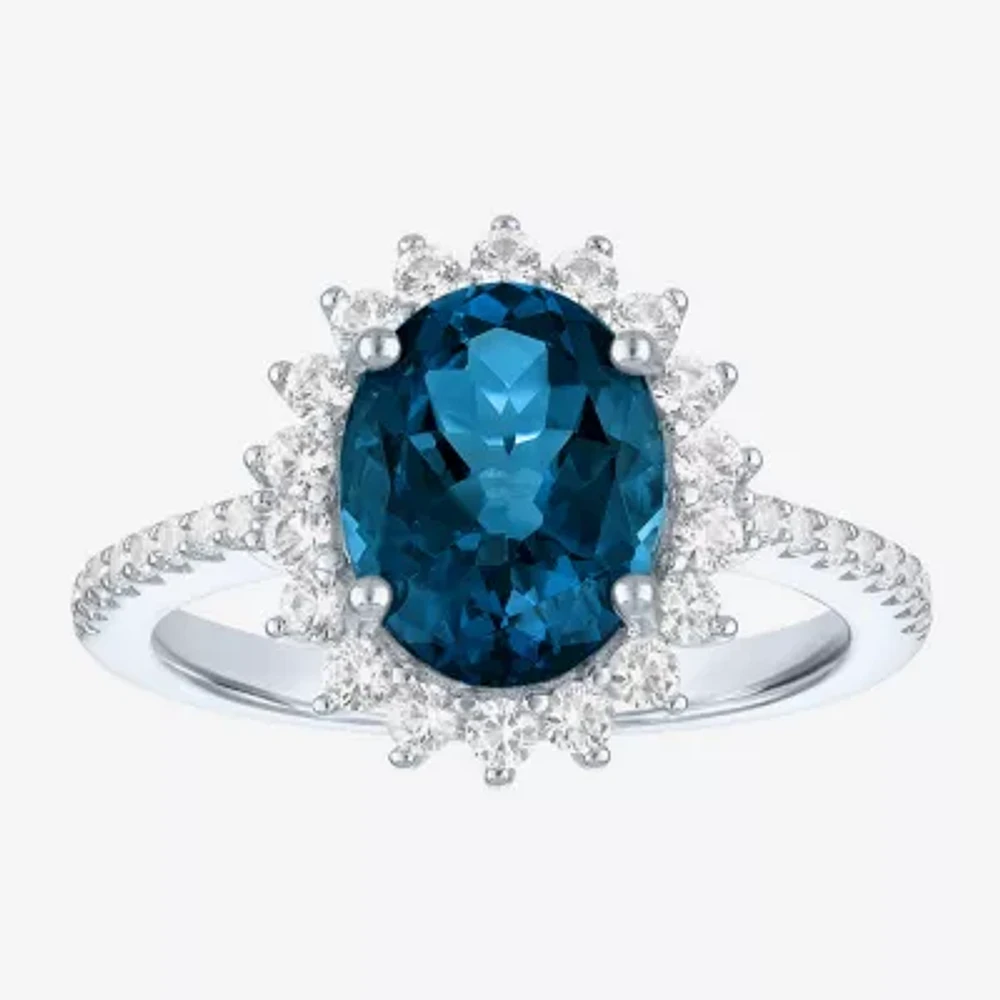 Womens Genuine Blue Topaz Sterling Silver Oval Halo Side Stone Cocktail Ring