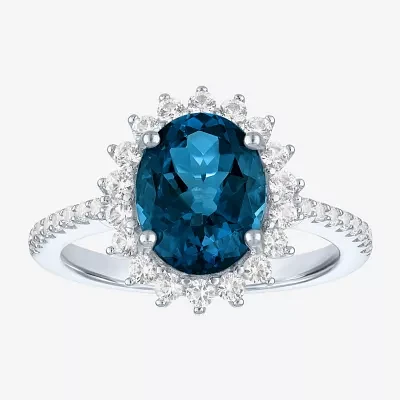 Womens Genuine Blue Topaz Sterling Silver Oval Halo Side Stone Cocktail Ring