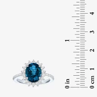 Womens Genuine Blue Topaz Sterling Silver Oval Halo Side Stone Cocktail Ring