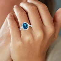 Womens Genuine Blue Topaz Sterling Silver Oval Halo Side Stone Cocktail Ring