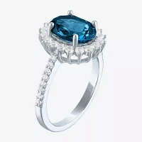 Womens Genuine Blue Topaz Sterling Silver Oval Halo Side Stone Cocktail Ring