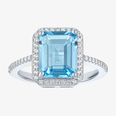 Womens Genuine Blue Topaz Sterling Silver Halo Side Stone Cocktail Ring