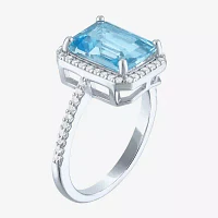 Womens Genuine Blue Topaz Sterling Silver Halo Side Stone Cocktail Ring